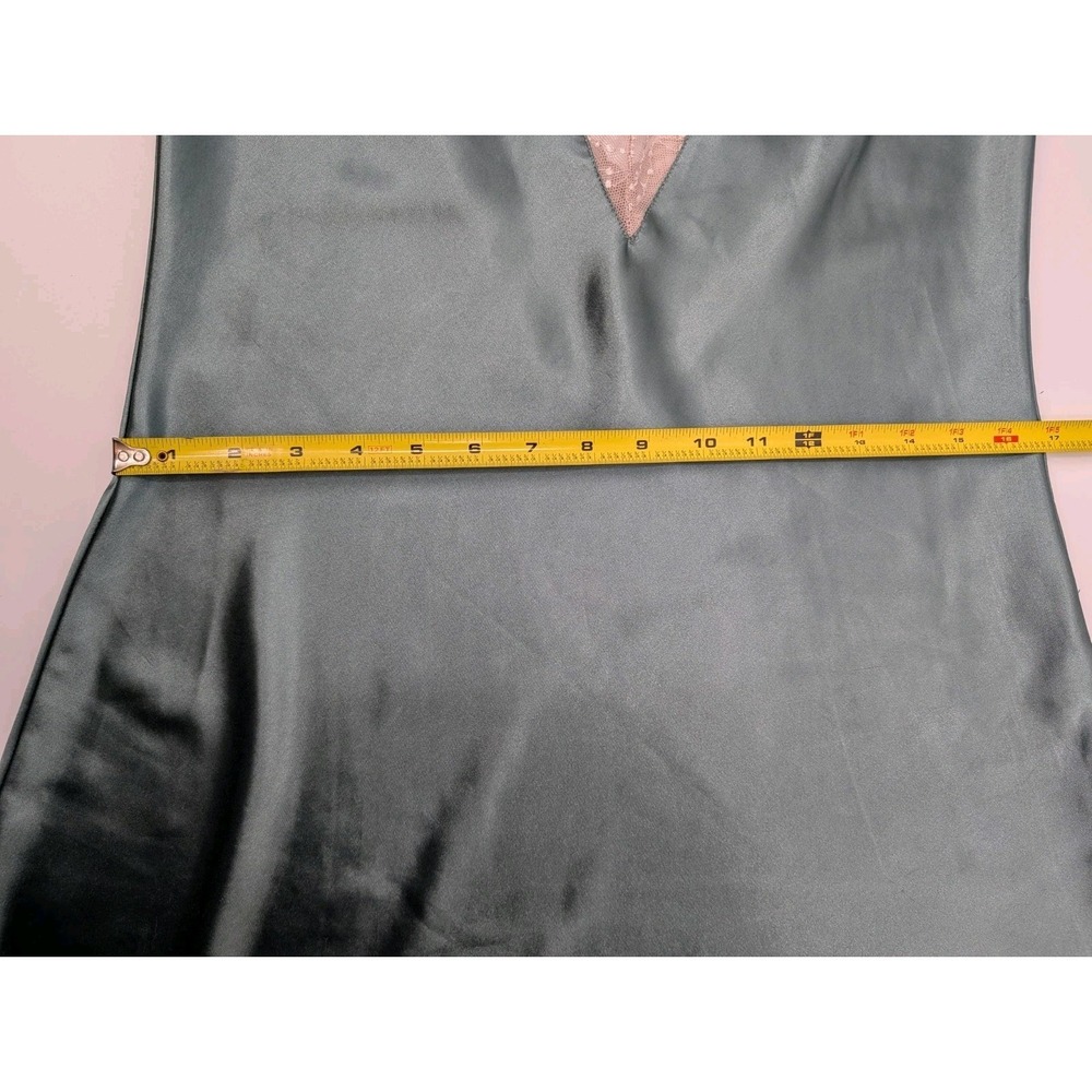 Green Satin & Cream Lace Mini Dress Size M Deep V Neck Slip Sleepwear Romantic - Picture 7 of 9